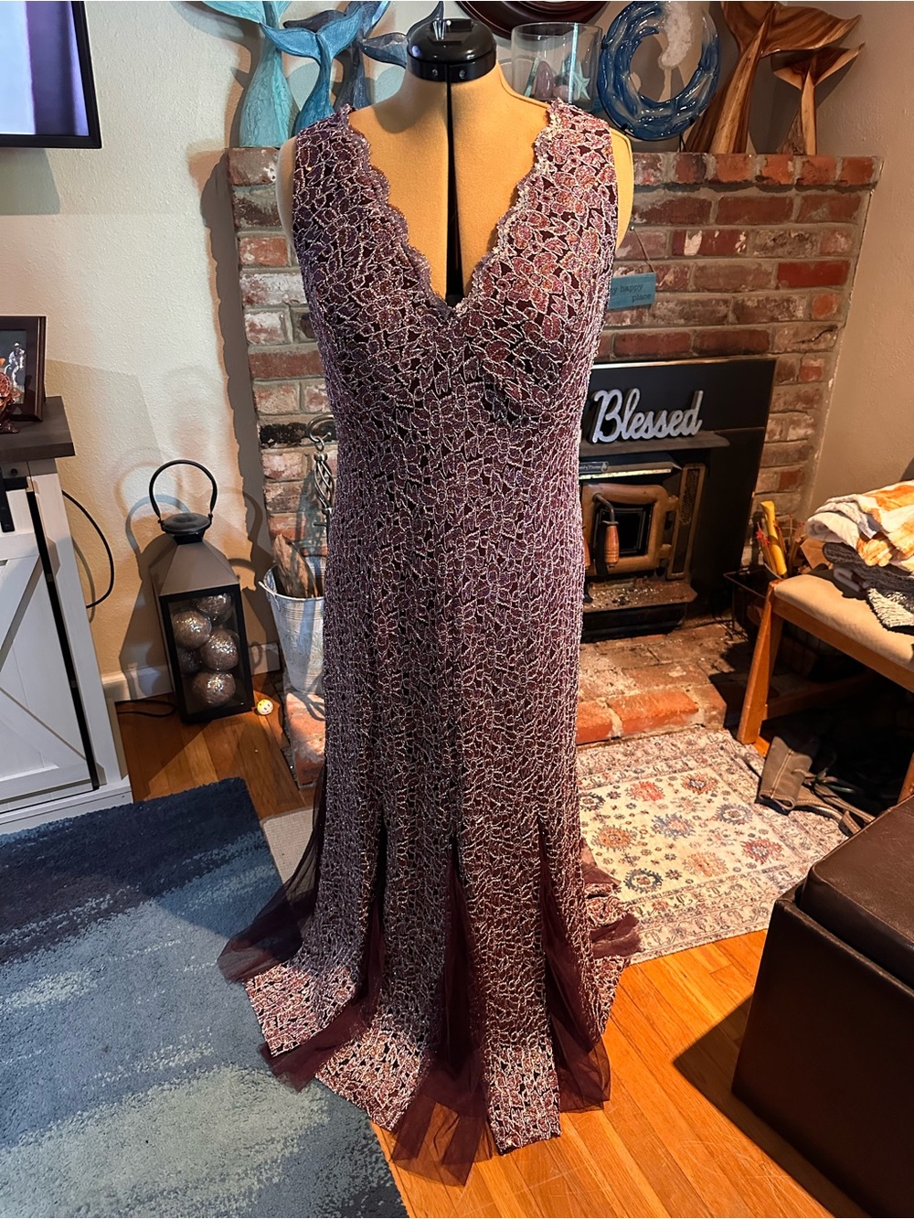 V-Neck Plum Lace Prom Dress with Scalloped Trim. Never been worn